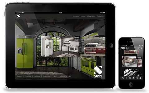 App Steel Cucine - Catalogo di Cucine industriali modulari per iPhone e iPad - Applicazione con grafica a scorrimento orizzontale e funzionalità standard della piattaforma Paperfly.