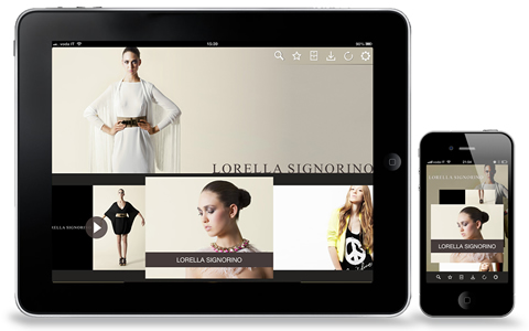 Applicazione Lorella Signorino - Catalogo Moda per iPhone e iPad - Applicazione realizzata su piattaforma Paperfly con aggiunta di interfaccia grafica completamente personalizzata.