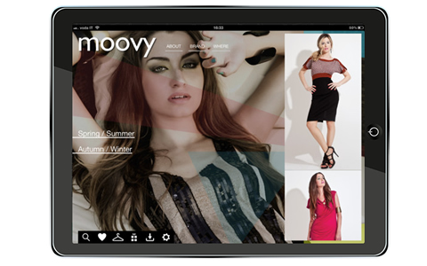 App Moovy by Mary Mode - Fashion Catalogue - Application developed on Paperfly platform but with vertical scrolling interface and panel windows for the standard functions of search, bookmarks and private documentation.